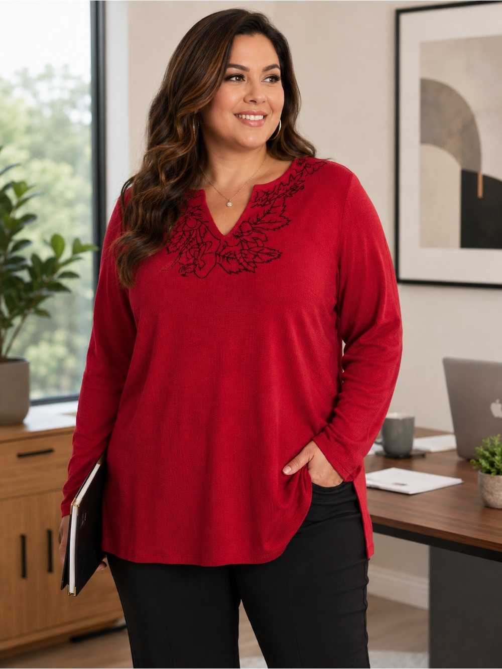 Avenue Red Black Floral Embroidered Notch Neck Tunic Sweater Top 18/20 2X